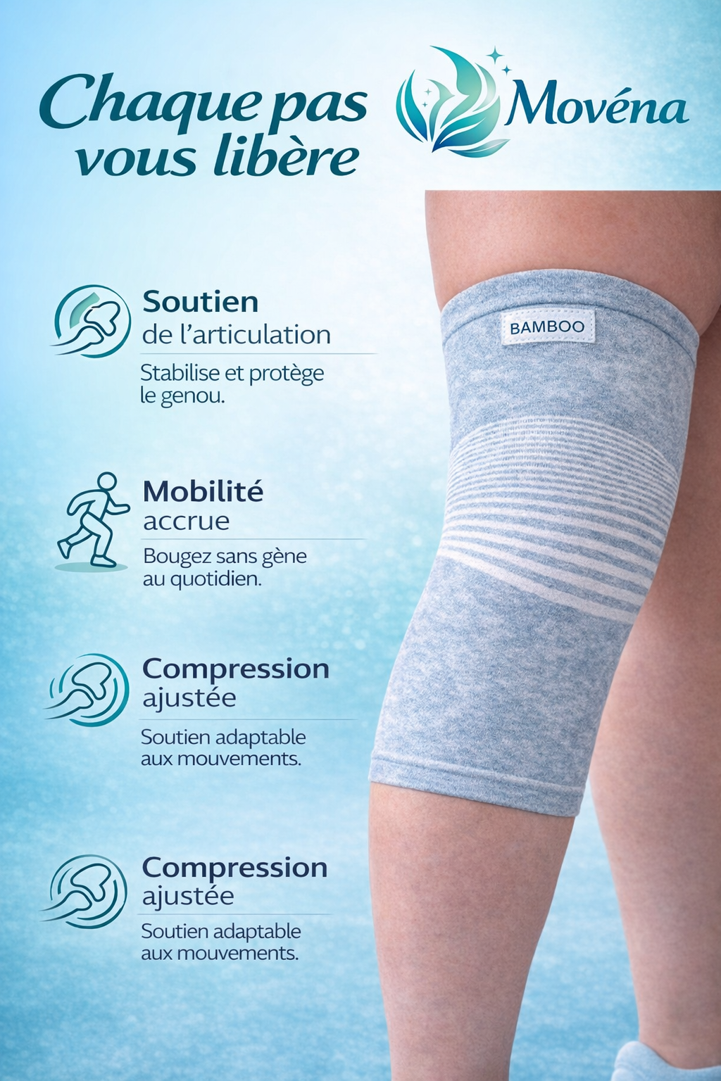 Movéna - Genouillère de Compression en Bambou pour Soulager les douleurs du Genou